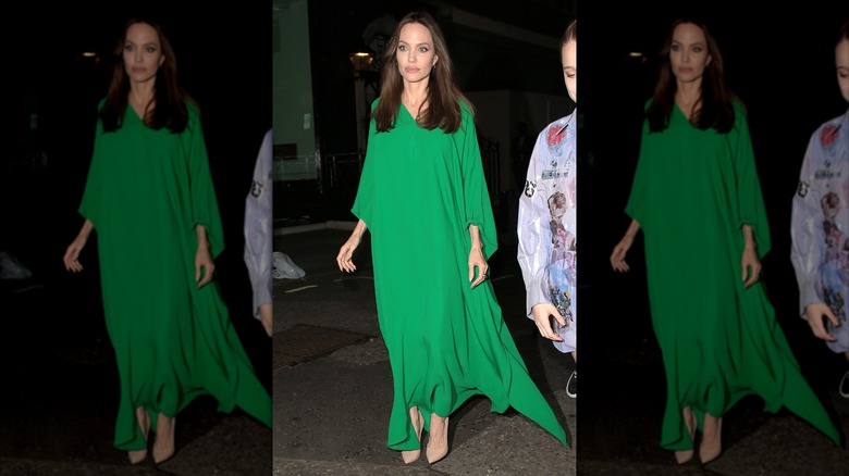 Angelina Jolie wears a green kaftan dress to an "Eternals" afterparty.