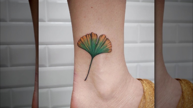 Gingko leaf tattoo on ankle