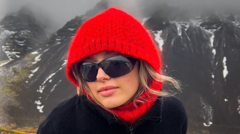 woman wearing a red balaclava