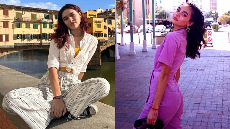 Side-by-side of Paulina Chavez sitting by a river and posing in a pink jumpsuit.