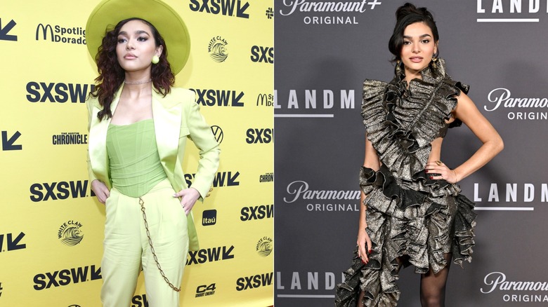 Side-by-side of Paulina Chávez on the red carpet in a lime green pantsuit and a ruffled dress.