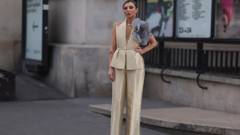 Gold pantsuit combo large flower corsage