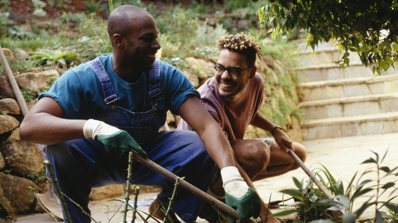 smiley couple gardening