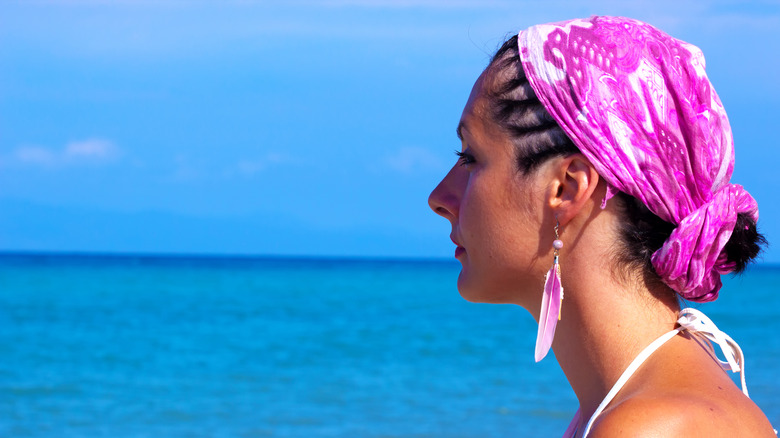 Woman with hair pulled back in pretty scarf