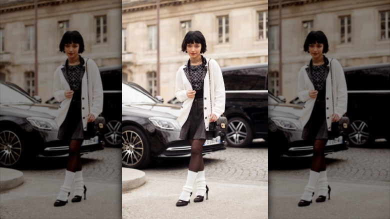 woman wearing outfit and black ballet heels 