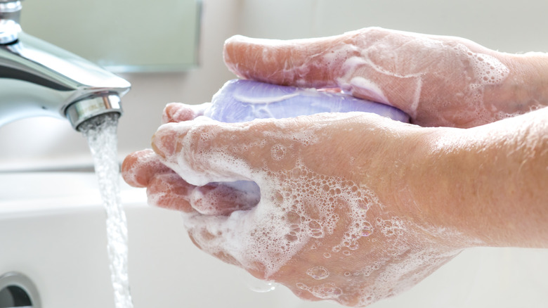 woman washing hands with bar soap