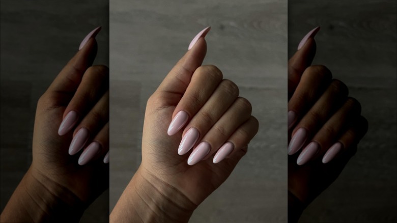 baby pink chrome nails 