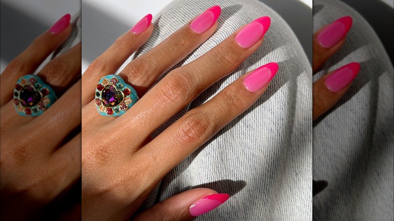 hot pink nails with darker hot pink french tips