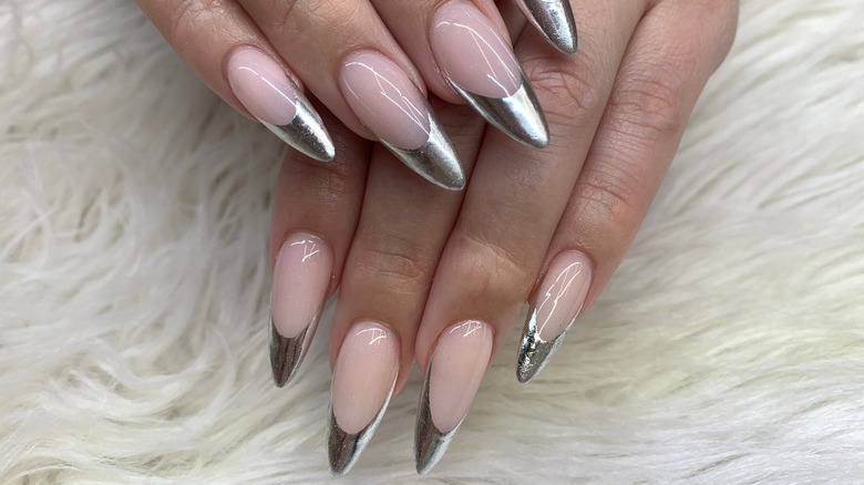 Pink nails with silver tips