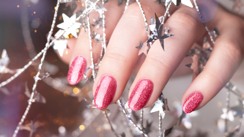 Pink nails with metallic glitter