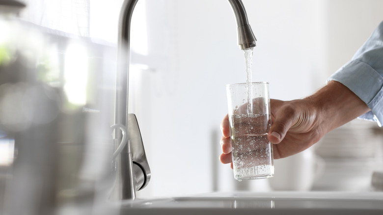 person filling up glass of water