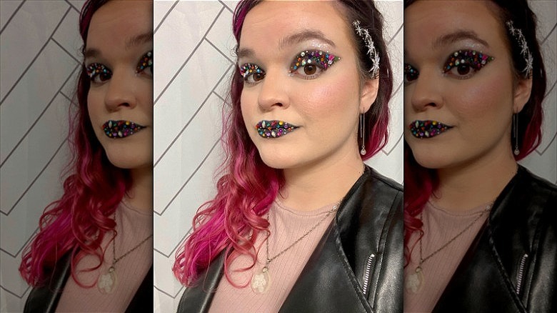 woman with bejeweled makeup