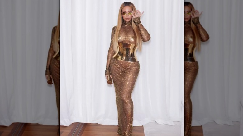 Beyonce gold see-through dress