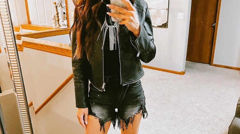 Leather jacket and shorts