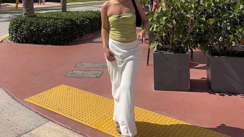 Green tube top and white maxi skirt