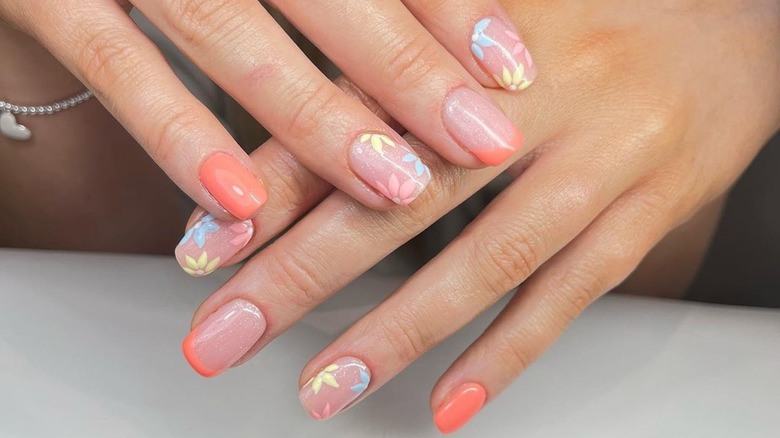 multicolored square nails floral design