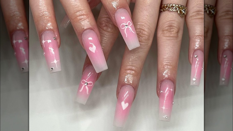 long square pink nails white bows