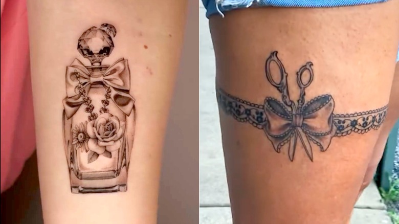 Perfume bottle and garter tattoos with bows