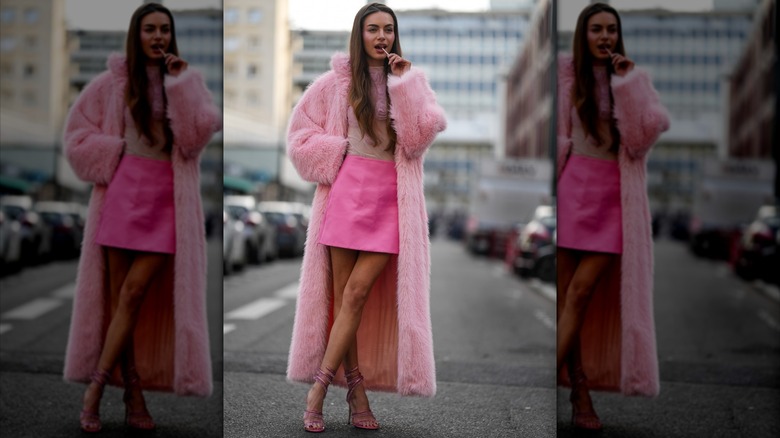 Woman in all-pink outfit 