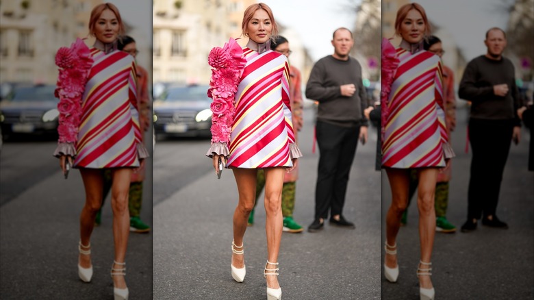 Woman with striped pink dress