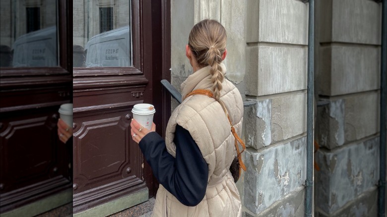 Braided ponytail with puffy vest outfit