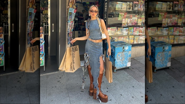 Double denim outfit with ponytail braid