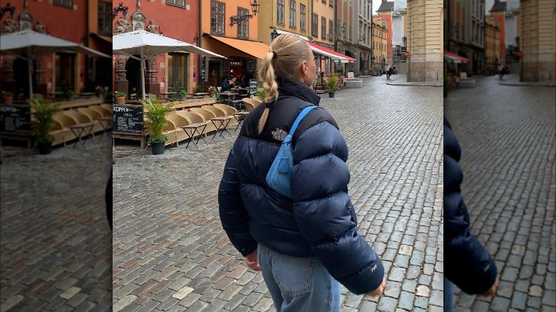 Puffer jacket outfit with braided ponytail