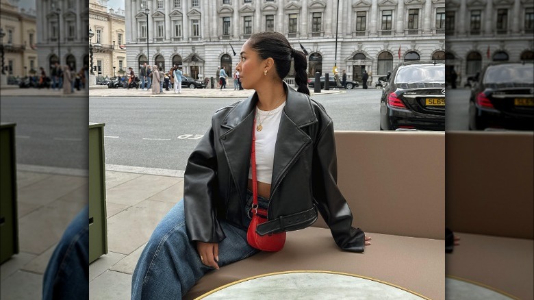 Braided ponytail and leather jacket outfit