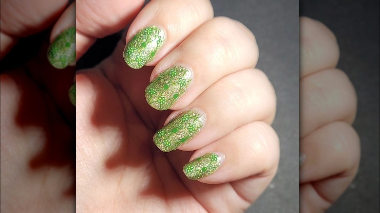 Shimmer chartreuse nails with flowers 