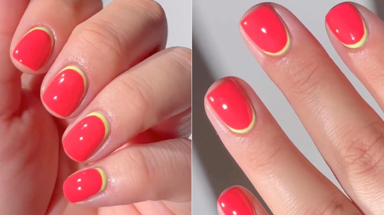 Coral and green watermelon nails manicure