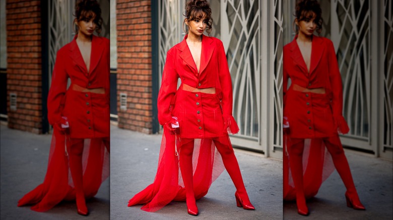 Woman wearing monochrome red outfit