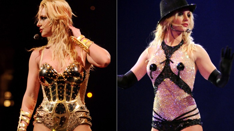 Side-by-side of Britney Spears in golden armor and in a sparkly bodysuit with faux nipple pasties.