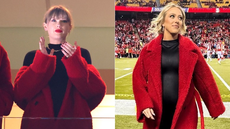 Taylor Swift and Brittany Mahomes in red coats