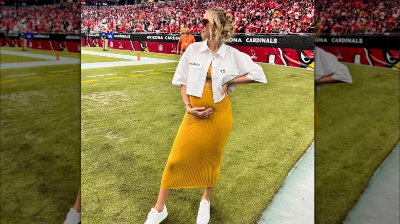 Pregnant Brittany Mahomes in mustard co-ord set