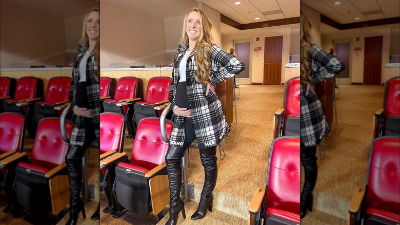 Pregnant Brittany Mahomes in plaid tailored coat