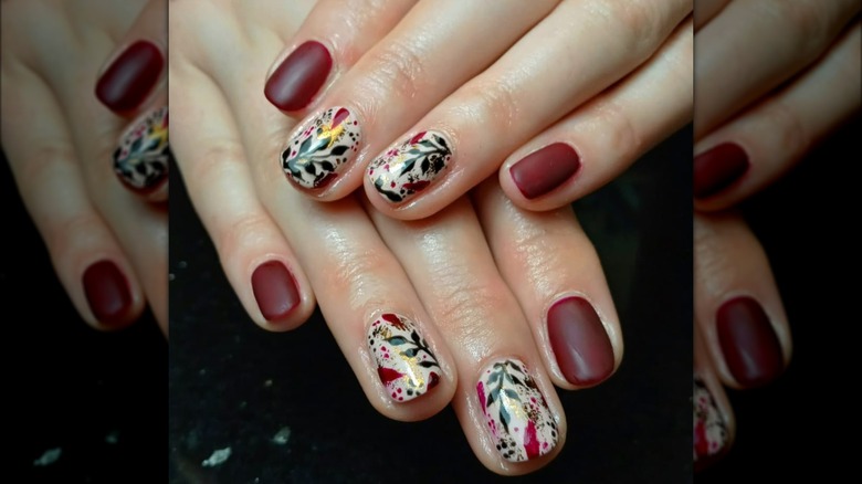 matte ruby nails with design