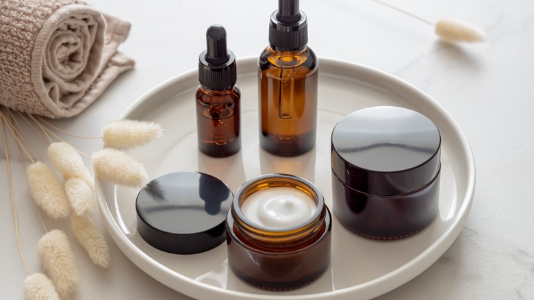 skincare products on a tray