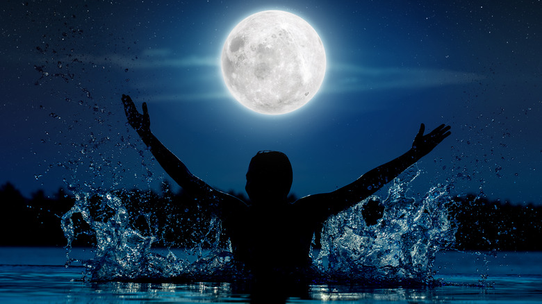 Person swimming under the full moon 