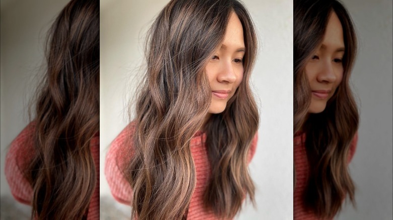 Caramel highlights long wavy hair