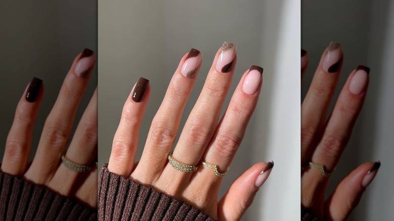 Square-cut nude and brown swirl pattern nails