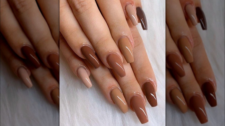 Long square-cut multi-tonal brown manicure