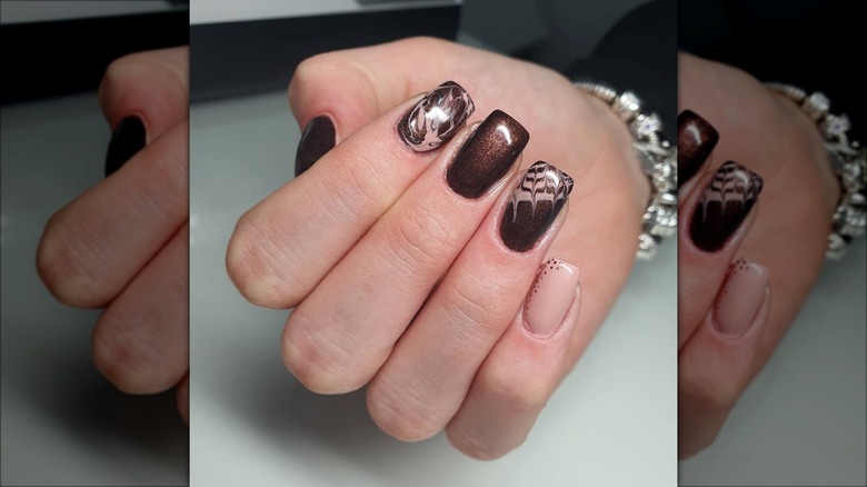 Polygel square-cut brown and glitter nails