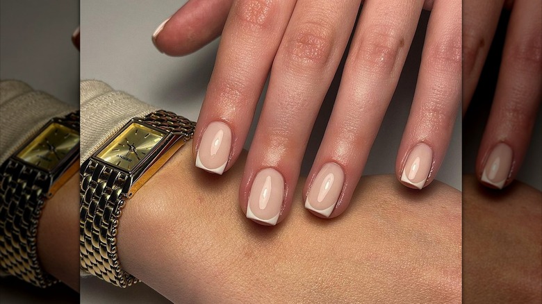 Brown beige French Manicure squoval