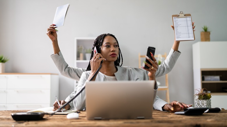 Woman doing various tasks at once