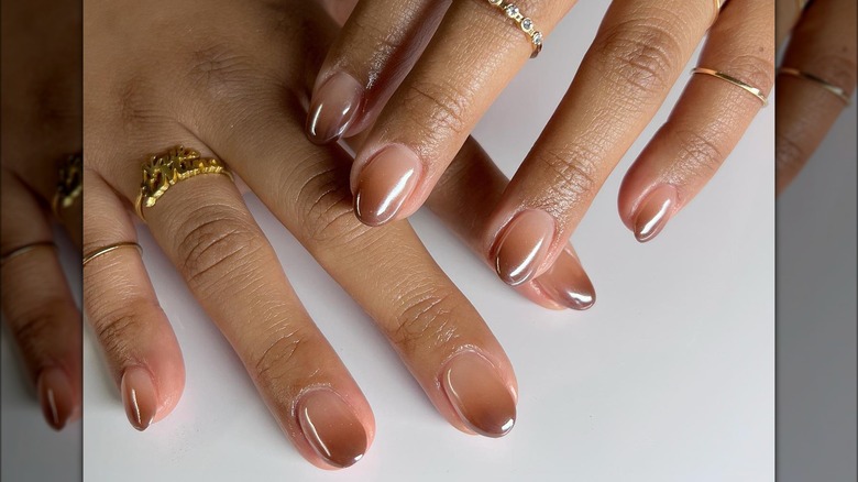 short shimmering caramel gradient french nails