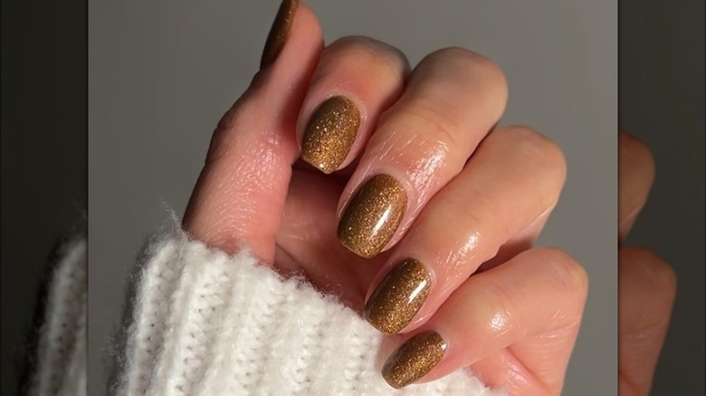 short square caramel shimmer nails