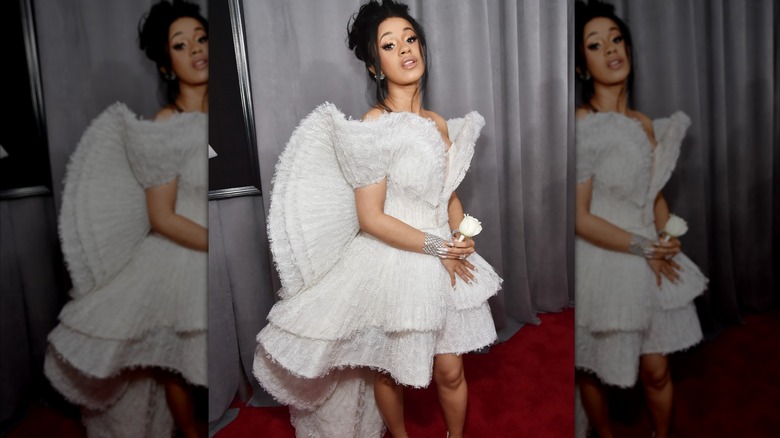 Cardi B at the 2018 Grammy Awards in a white dress