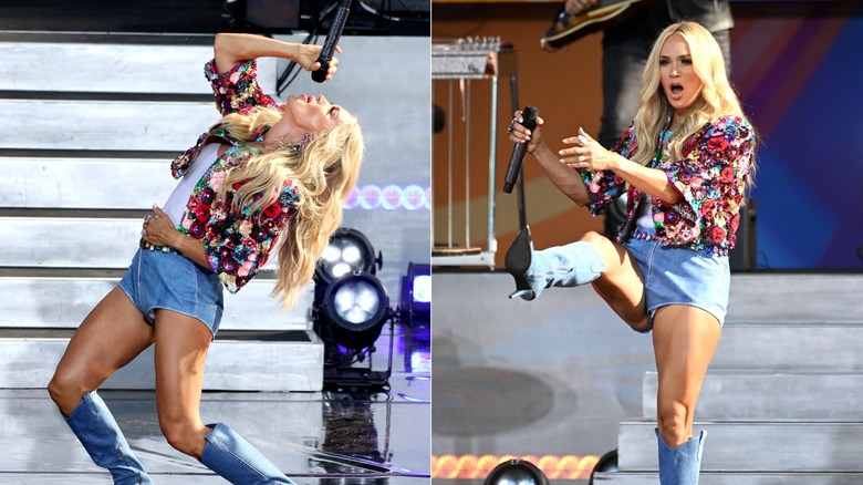 Carrie Underwood performing on stage in denim micro shorts.