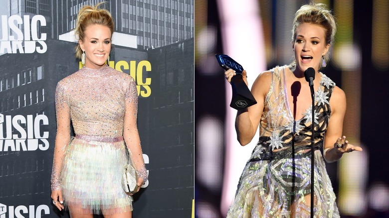 Side-by-side of Carrie Underwood wearing two sheer, sparkly outfits at the CMT Awards.