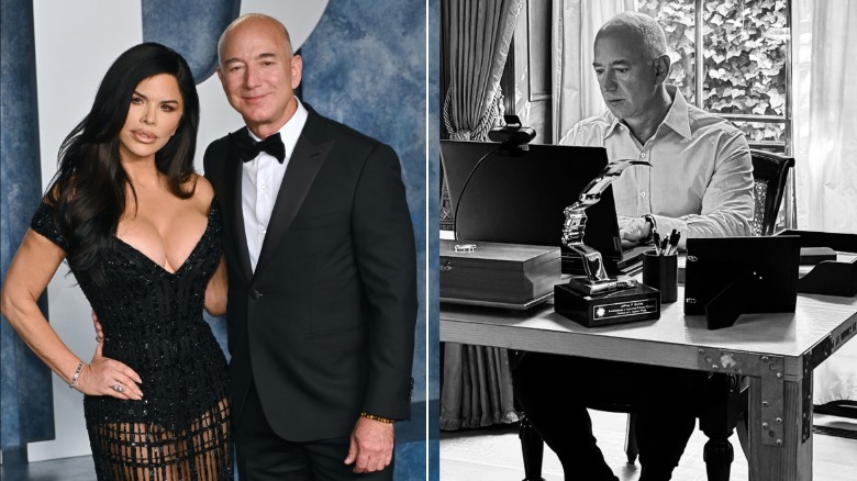 Jeff Bezos and Lauren Sánchez posing at a red carpet event.